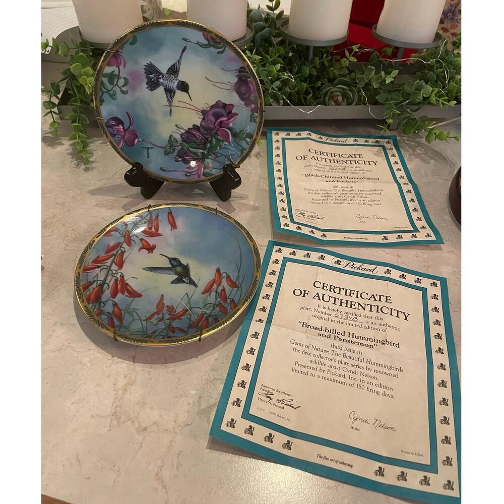 Vintage Picard plates signed hummingbird plates by wildlife artist, Cindy Nelson